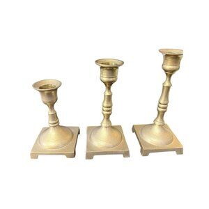 3 Piece Candlestick Holders Gold Tone Metal Brass Look